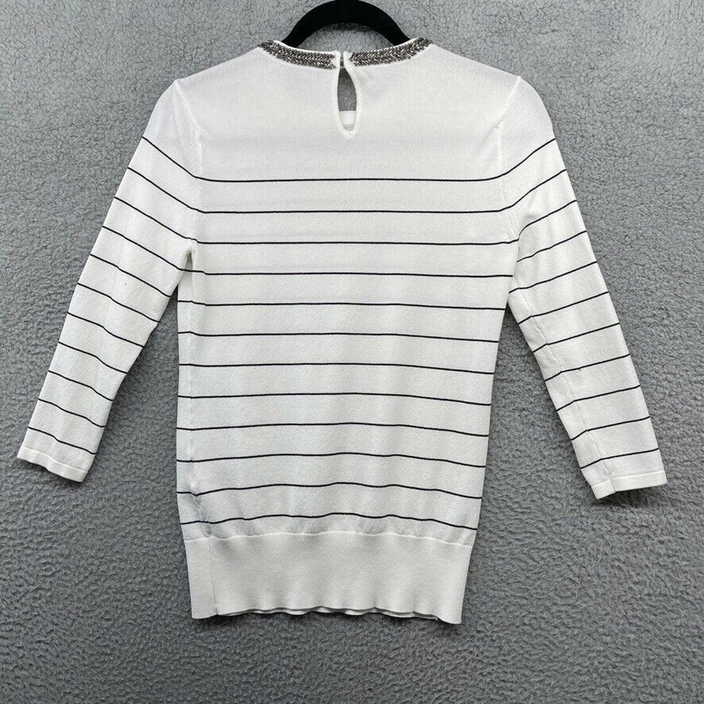 White House Black Market Women Blouse White Striped Beaded Long Sleeve Size XS - Picture 10 of 12